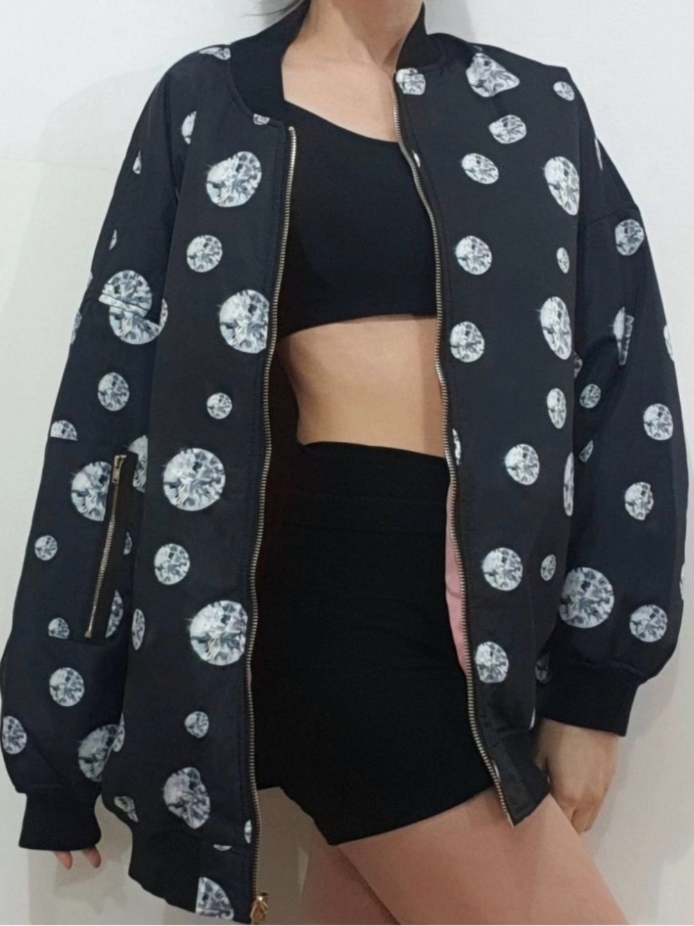 Reversible Black Bomber Jacket with White Diamond Print